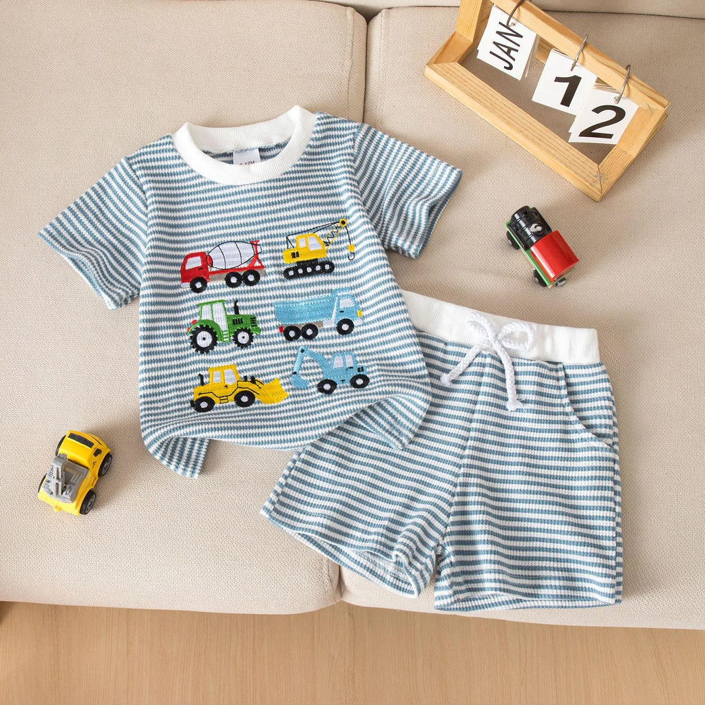 Childrens Comfortable Breathable Shorts Set Boys Cute Truck Print Short Sleeved Two Piece Set Baby Girl Boy Clothes Set