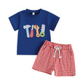 Adorable Baby Boys Summer Outfits with Cute Animal Embroidery Short Sleeves T-Shirt and Comfortable Plaid Shorts - 2 Piece
