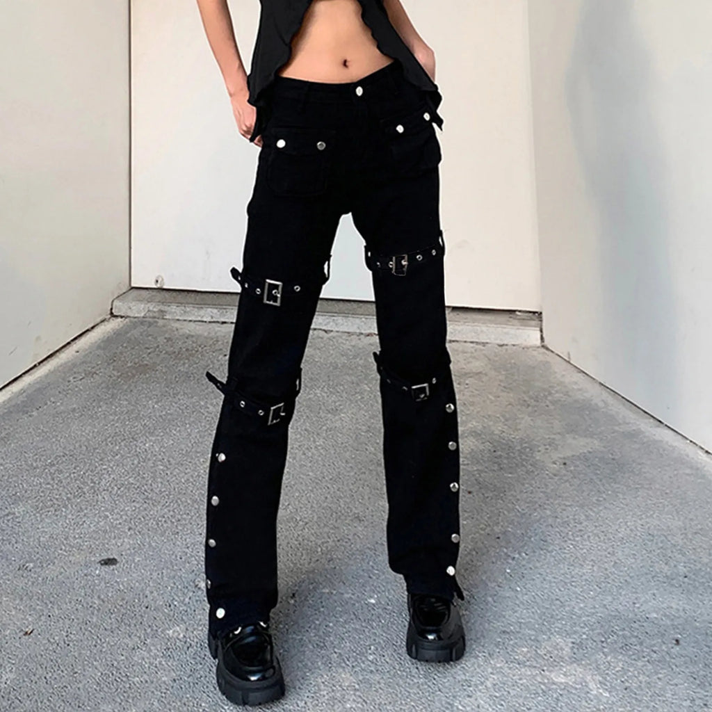 Hippie Cool Girls Straight Pants Punk Gothic Trendy Metal Buckle Side Split Black Trousers.