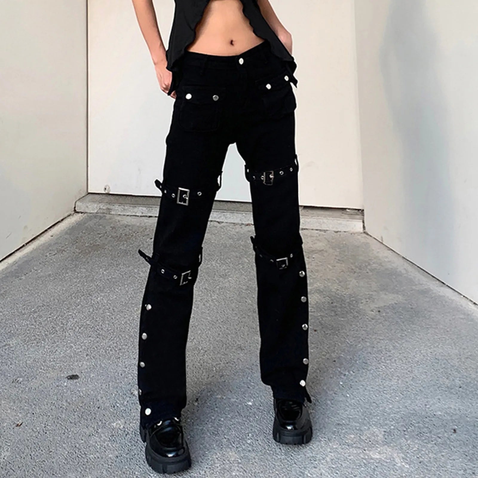Hippie Cool Girls Straight Pants Punk Gothic Trendy Metal Buckle Side Split Black Trousers.