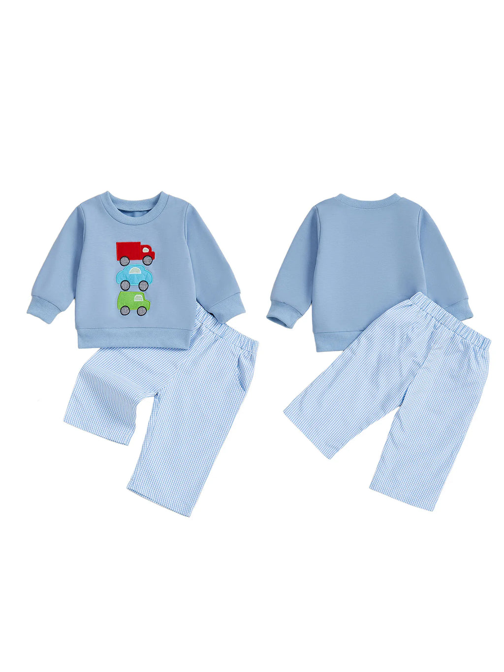 Adorable Infant Boys Outfit Stylish Car Embroidered Sweater with Plaid Trousers 2-Piece Set for Fall Fashion