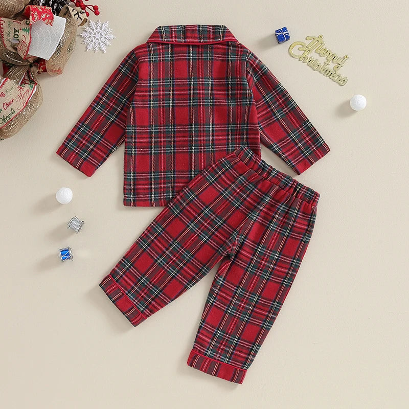 6M-4Y Kids Christmas Pajamas Set Plaid Button up Long Sleeve Shirt and Elastic Pants Loungewear Sleepwear