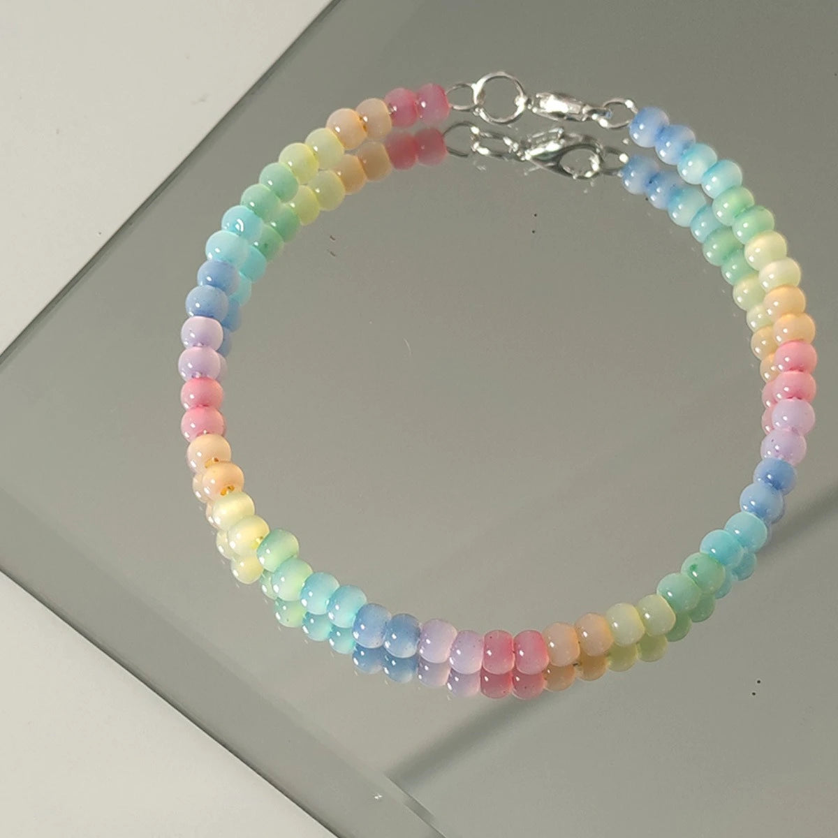 Rainbow Colors Sweet Cute Beads Bracelet Girl Simple Design Cat's Eye Stone Bangle Style Women Jewelry Gifts