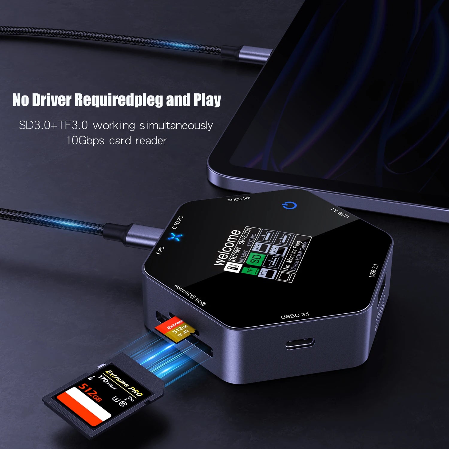 CoolFish USB HUB Docking Station Type-C Smart Display 4K 60 hdtv 8 in 1 Multi Port Hub Splitter PD Charging USB Extender