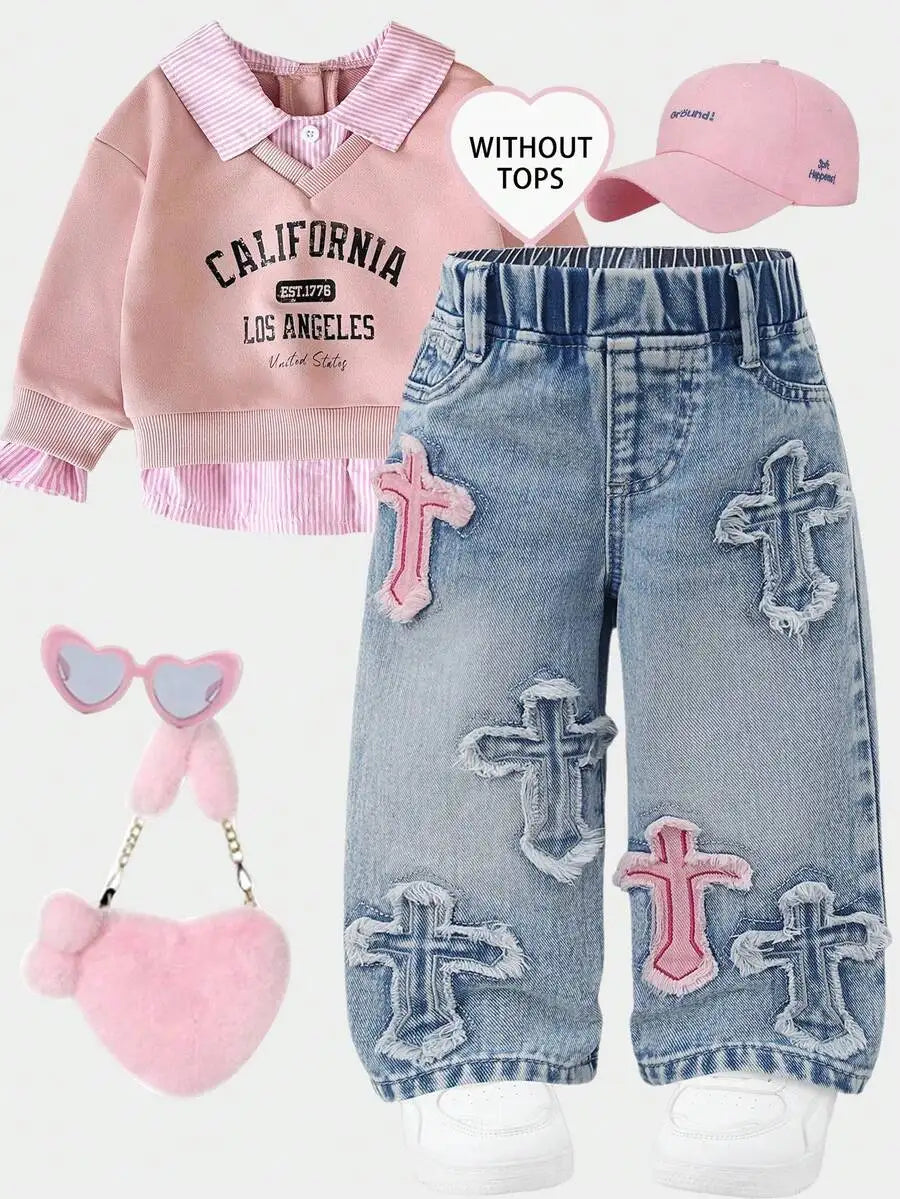 Toddler Girl Denim Pants with Crochet Flower Applique, Loose Fit Blue Jeans for Spring Fall