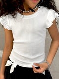 Girls White Ribbed T-Shirt with Ruffled Short Sleeves for Casual Wear