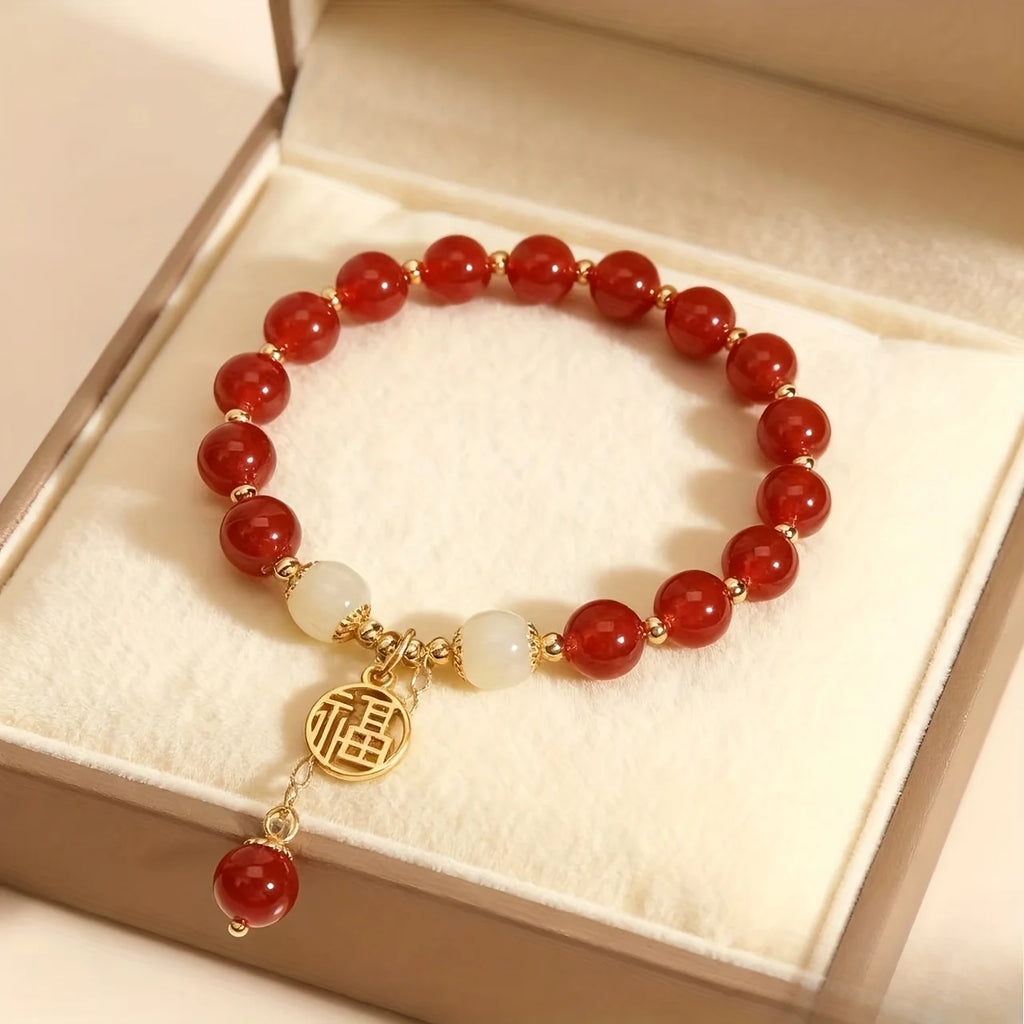 Red Crystal Bracelet with Golden Pendant,  Style Lucky Charm Jewelry, Gift for Family Friends, Daily Wear