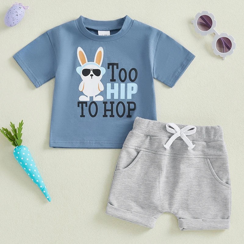 Boys Easter Outfit Set with Short Sleeve O Neck Bunny Print Top and Solid Color Shorts - Holiday Clothing for Kids