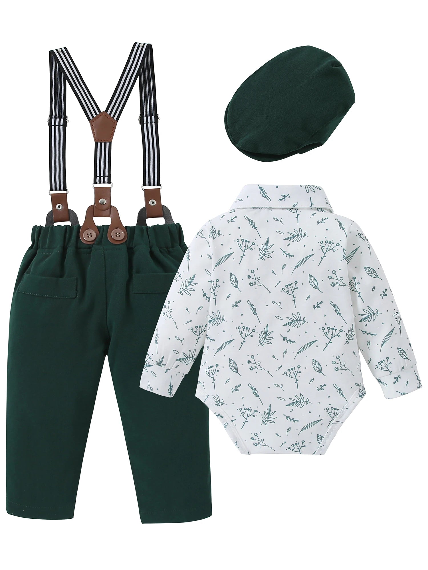 Baby Boy Clothes Infant Tuxedo Long Sleeve Gentleman Outfits + Suspender Pants + Bowtie + Beret Hat Baby Boy Suit Set