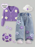 Toddler Girl Denim Pants with Crochet Flower Applique, Loose Fit Blue Jeans for Spring Fall