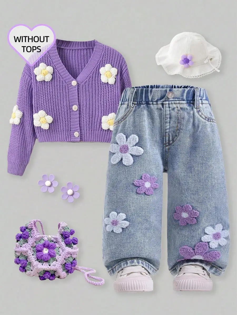 Toddler Girl Denim Pants with Crochet Flower Applique, Loose Fit Blue Jeans for Spring Fall