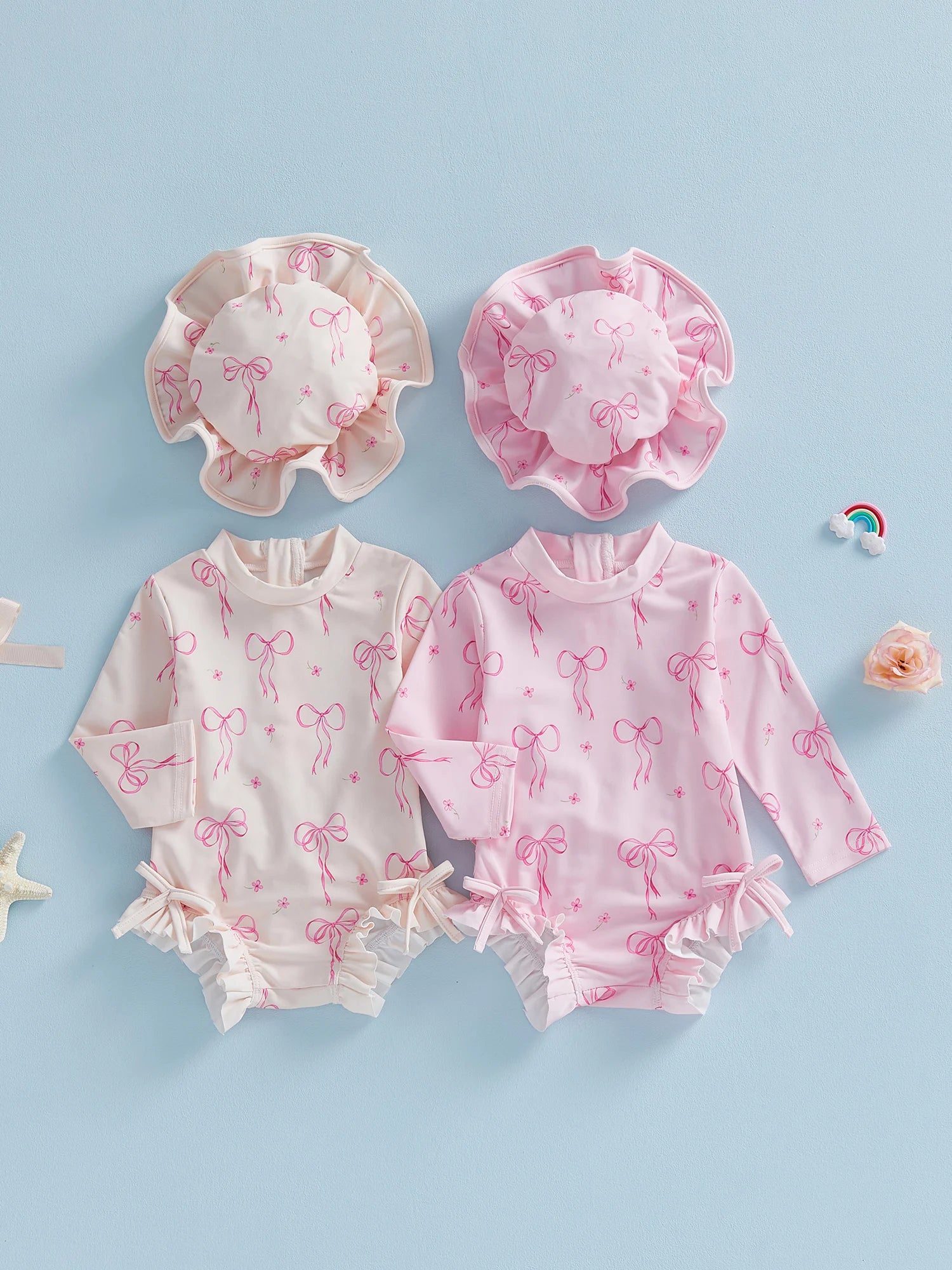 Toddler Girl Floral Rash Guard Swimsuit Set Girls Striped Long Sleeve Round Neck Ruffle Jumpsuit and Hat Set for Pool Beach