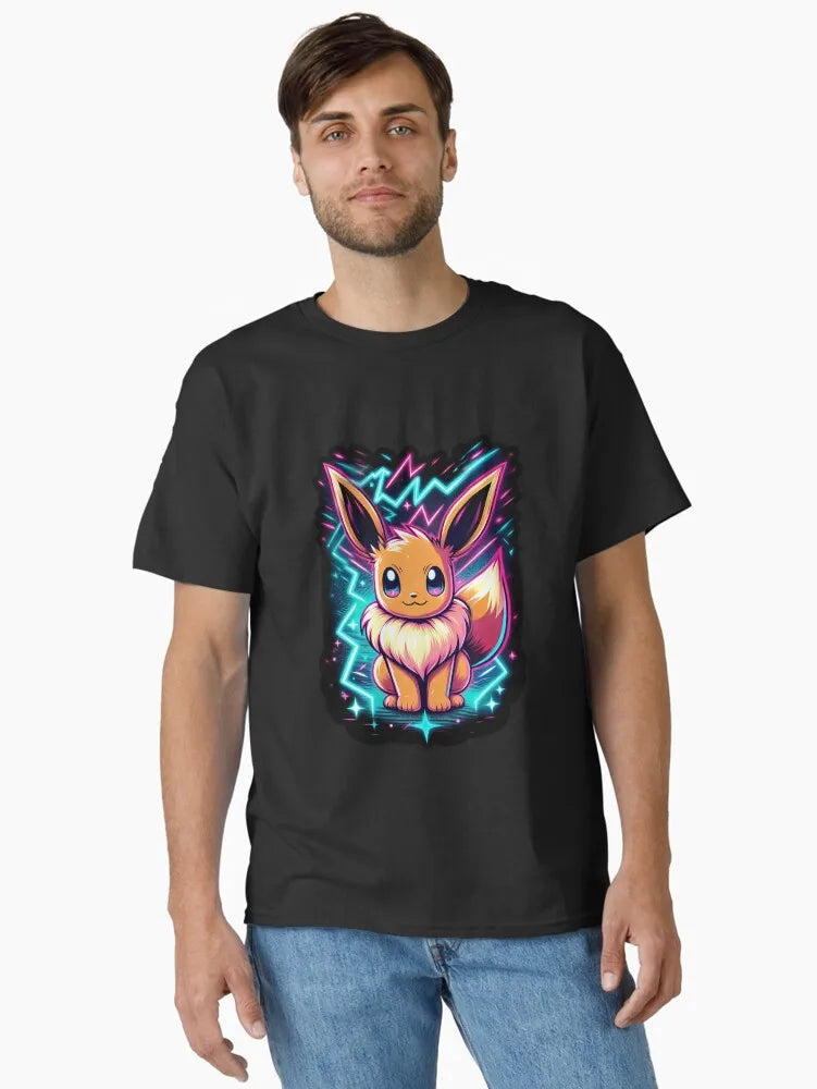 Neon Eevee T-Shirt Retro 80s Synthwave Pokémon Graphic Tee, Gaming Merch for Men Women Trendy Streetwear
