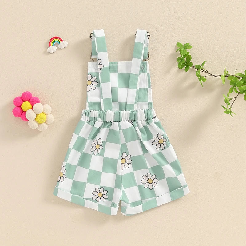 Toddler Baby Girl Overalls Short Checkerboard Floral Print Summer Sleeveless Romper Jumpsuit Girls Clothes