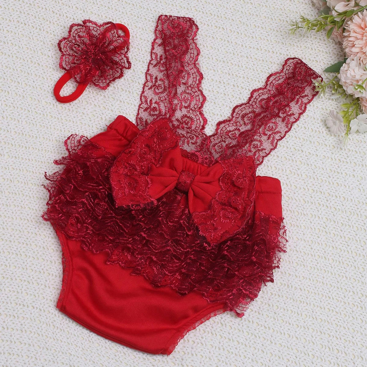 Newborn Photography Lace Romper Set  Photo Shoot Outfits with Bow Headband for Baby Girl Picture Ideas