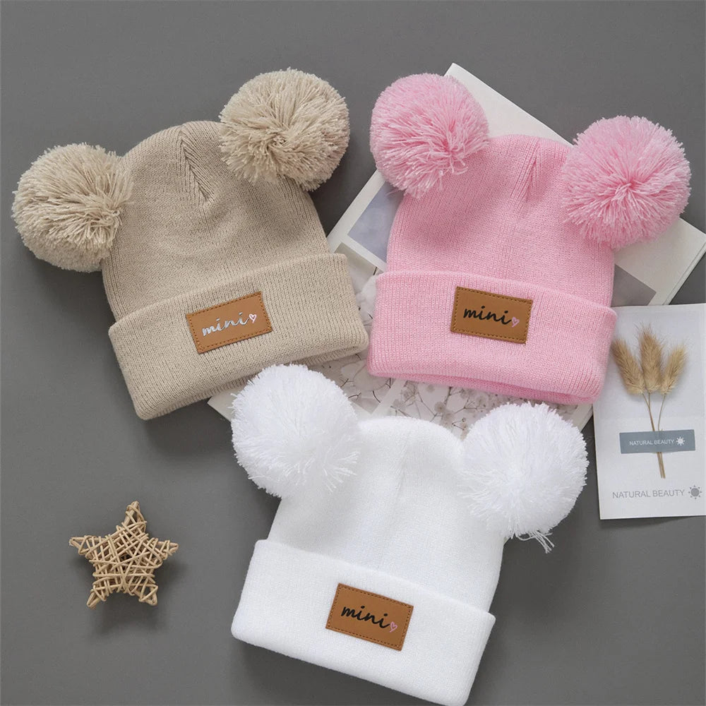 3pcs Breathable Stretchy Infant Knit Beanie with Heart Pompoms | Hand Washable, Mixed Colors