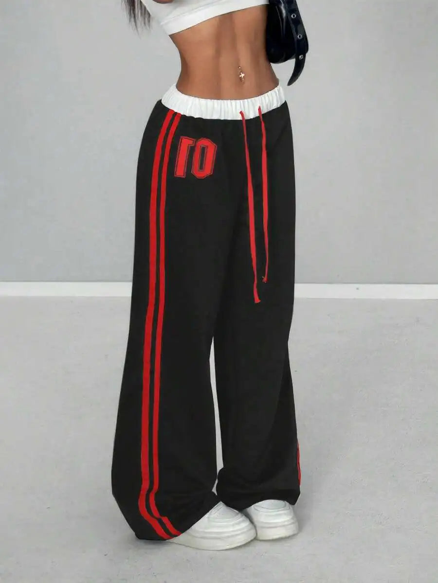 Women's Wide-Leg Sporty Sweatpants with Numeric Print and Side Stripes