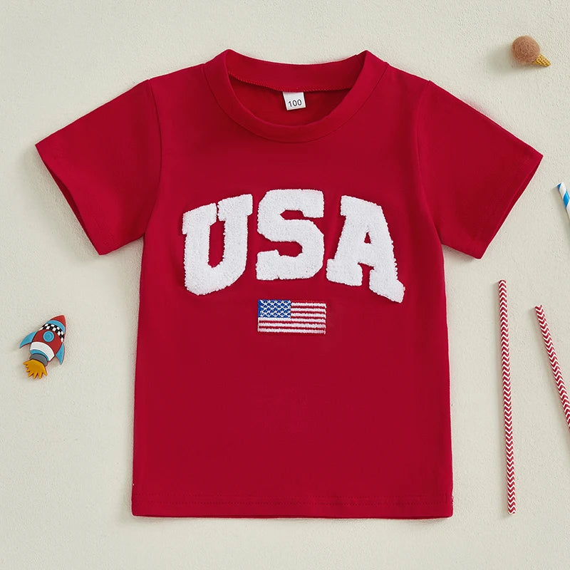 Independence Day Kids T-Shirt with USA Flag Embroidery Patriotic Short Sleeve Tee for Boys Loose Fit Summer Top