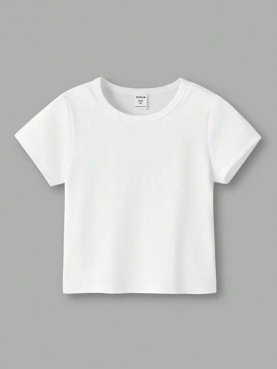White Cropped Round Neck Short Sleeve T-Shirt for Girls