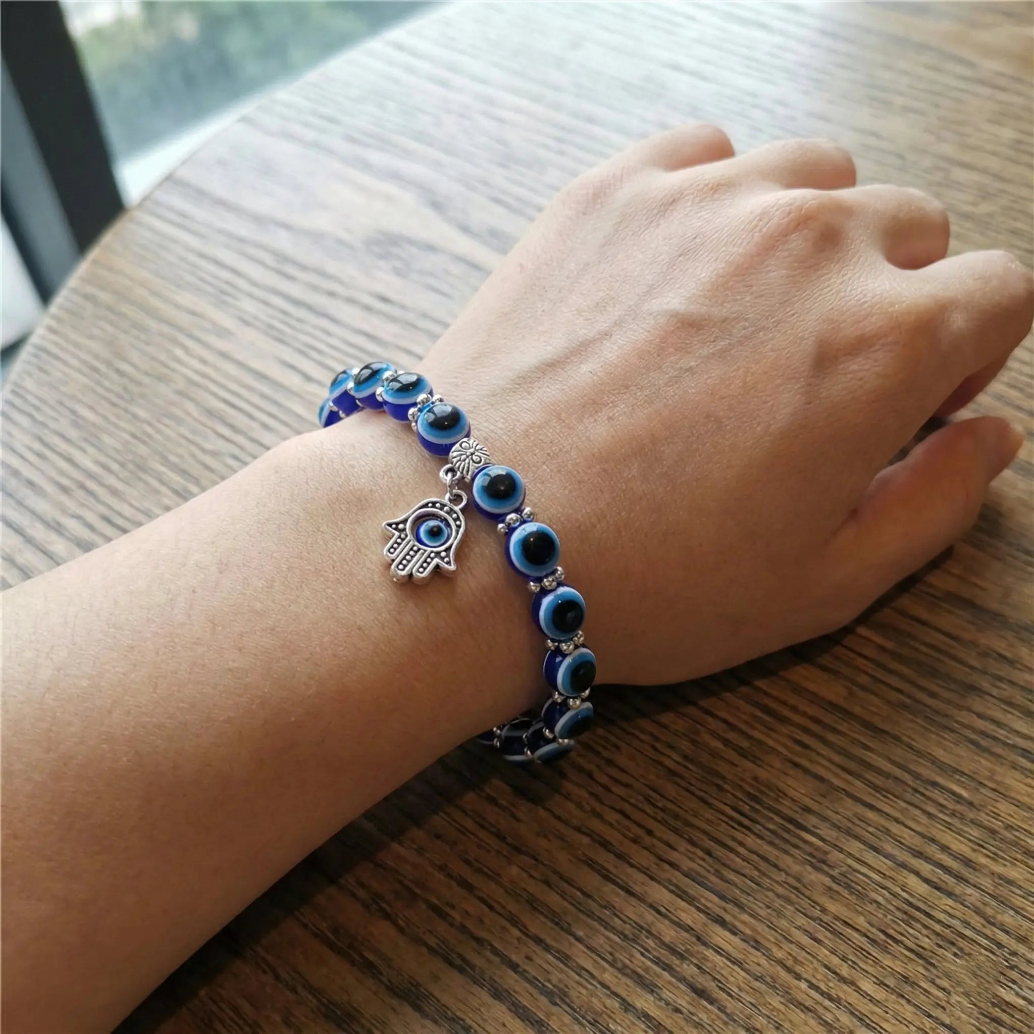 8mm Blue Evil Eye Beaded Stretch Bracelet with Hand Charm -Lucky Protection Jewelry for Women & Girls