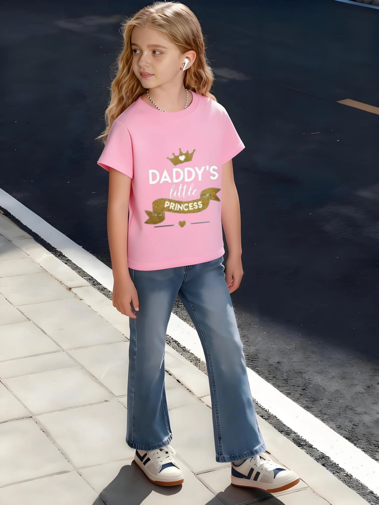 Kids Children's Cotton T-Shirt DADDY'S LITTLE PRINCESS with Crown and Ribbon Design for Boys Girls Family Love Theme