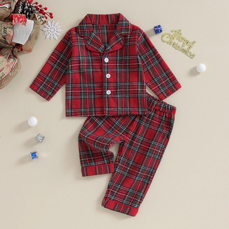 6M-4Y Kids Christmas Pajamas Set Plaid Button up Long Sleeve Shirt and Elastic Pants Loungewear Sleepwear