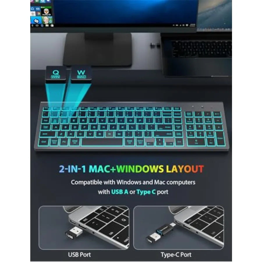 Wireless Keyboard and Mouse Combo Backlit - Compact Quiet Keyboard with RGB Mouse, Rechargeable, Slim, Sleep Mode, Portable Cor