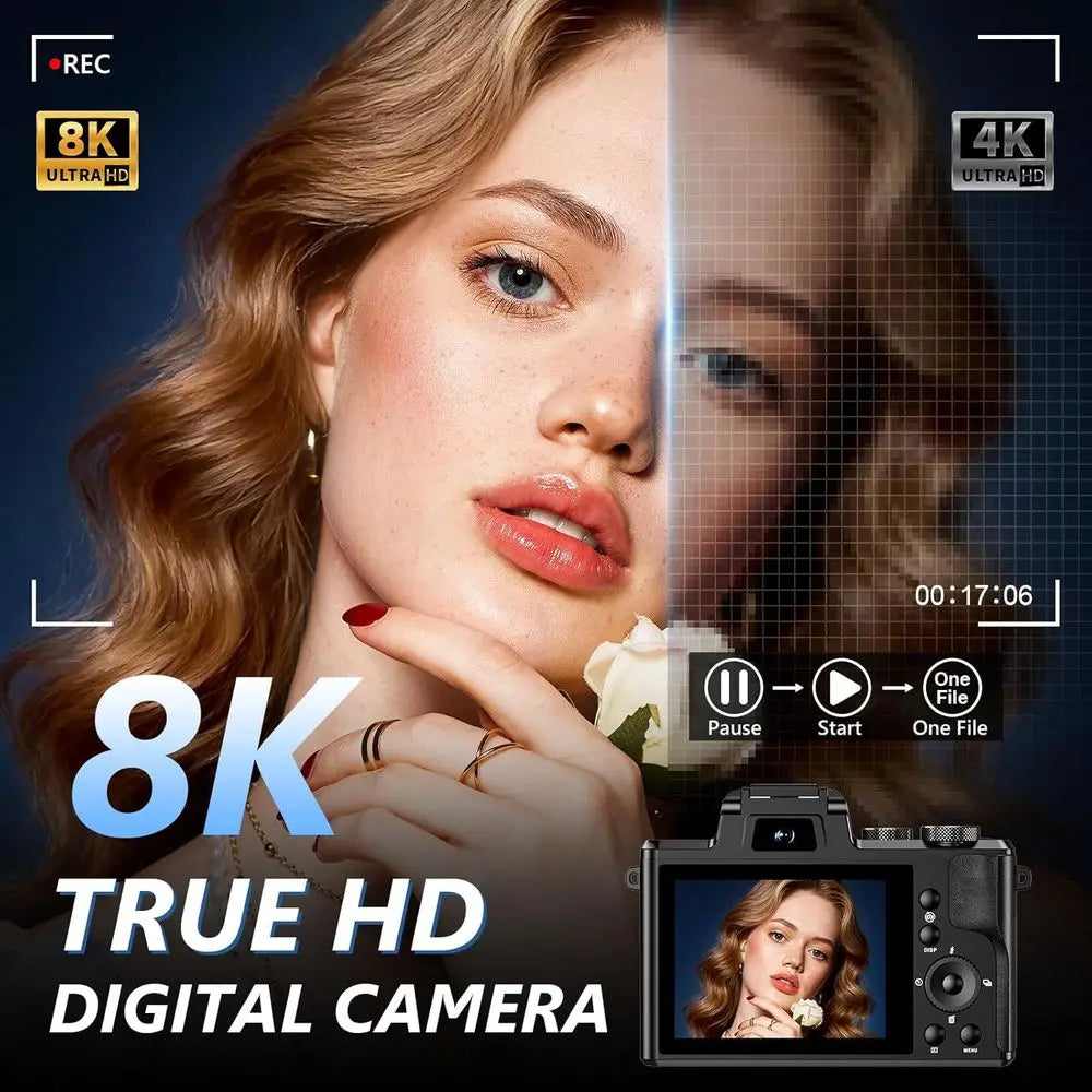 88MP Digital Camera with 3.2 Touchscreen, 16X Zoom, Dual Autofocus, Anti-Shake, 2 Batteries, 64GB Card, Flash, Lens Hood