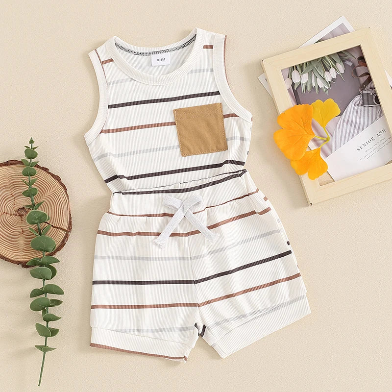 Toddler Baby Boy Ribbed Outfits Striped Sleeveless Round Neck Tank Tops + Elastic Waist Shorts Summer Set