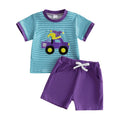 Boys Summer 2 Piece Set Short Sleeve Round Neck Dinosaur Print Striped Tops and Shorts Outfit for Carnival Fun