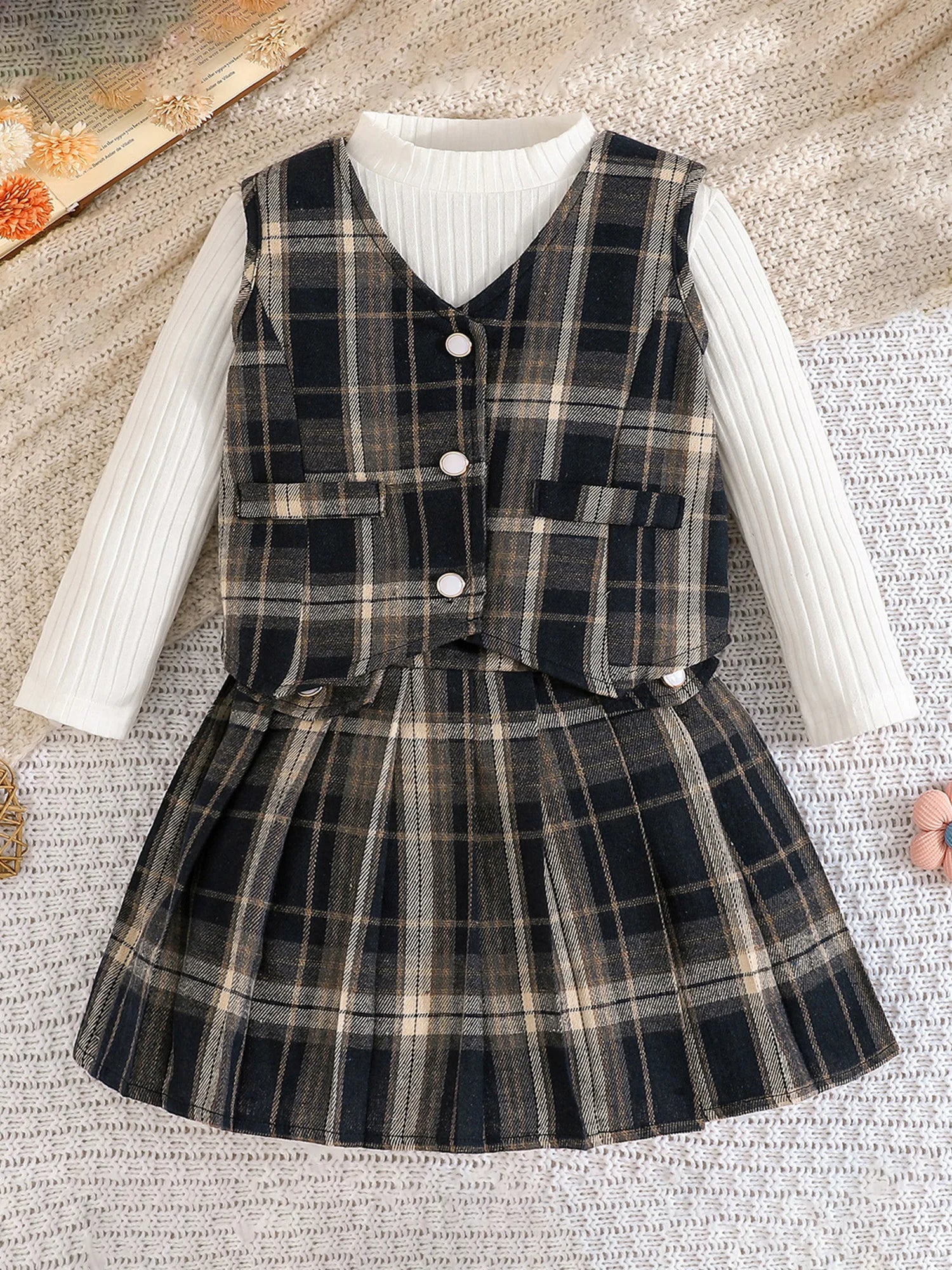 Stylish Toddler Girls 3-Piece Outfit featuring Ribbed Tops Plaid Skirt and Button Down Vest for a Fashionable Look