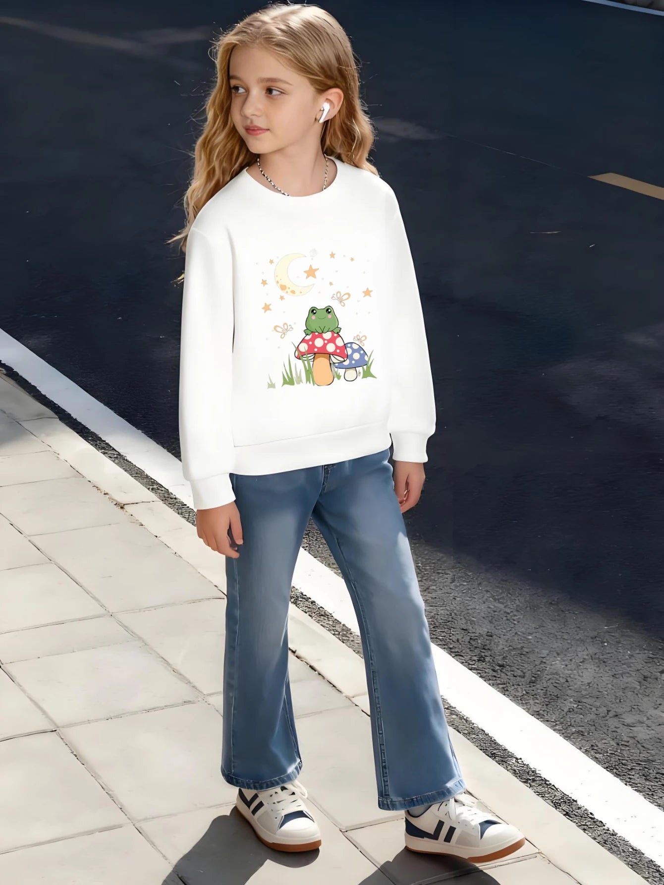 Kids Children's Cotton T-Shirt Frog on Mushroom with Moon and Stars for Boys Girls Fairy Tale Style Magical Forest Theme