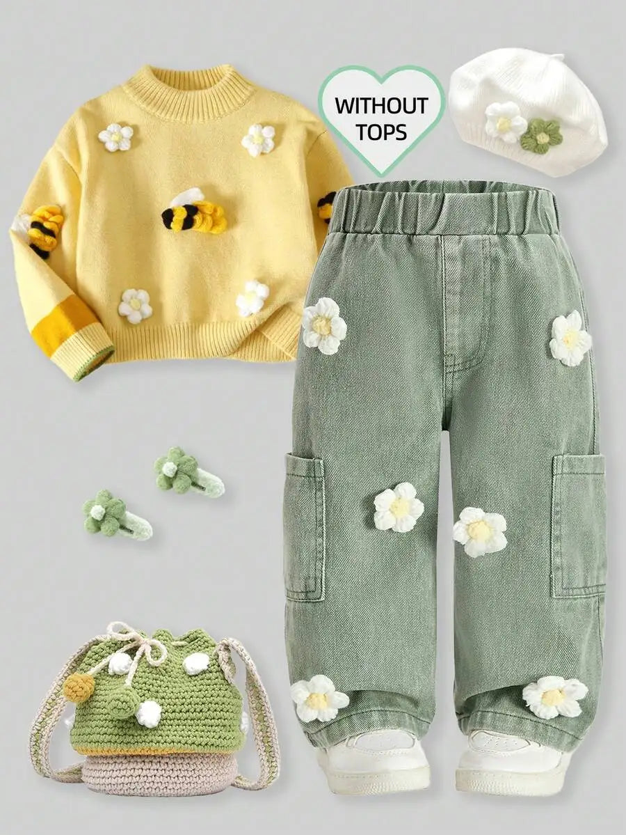 Toddler Girl Denim Pants with Crochet Flower Applique, Loose Fit Blue Jeans for Spring Fall