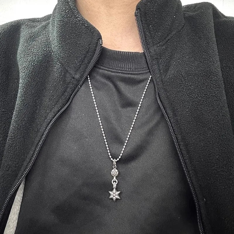 Sterling Silver Retro Old Ring Single Ball Hexagram Pendant Necklace Men's and Women's.