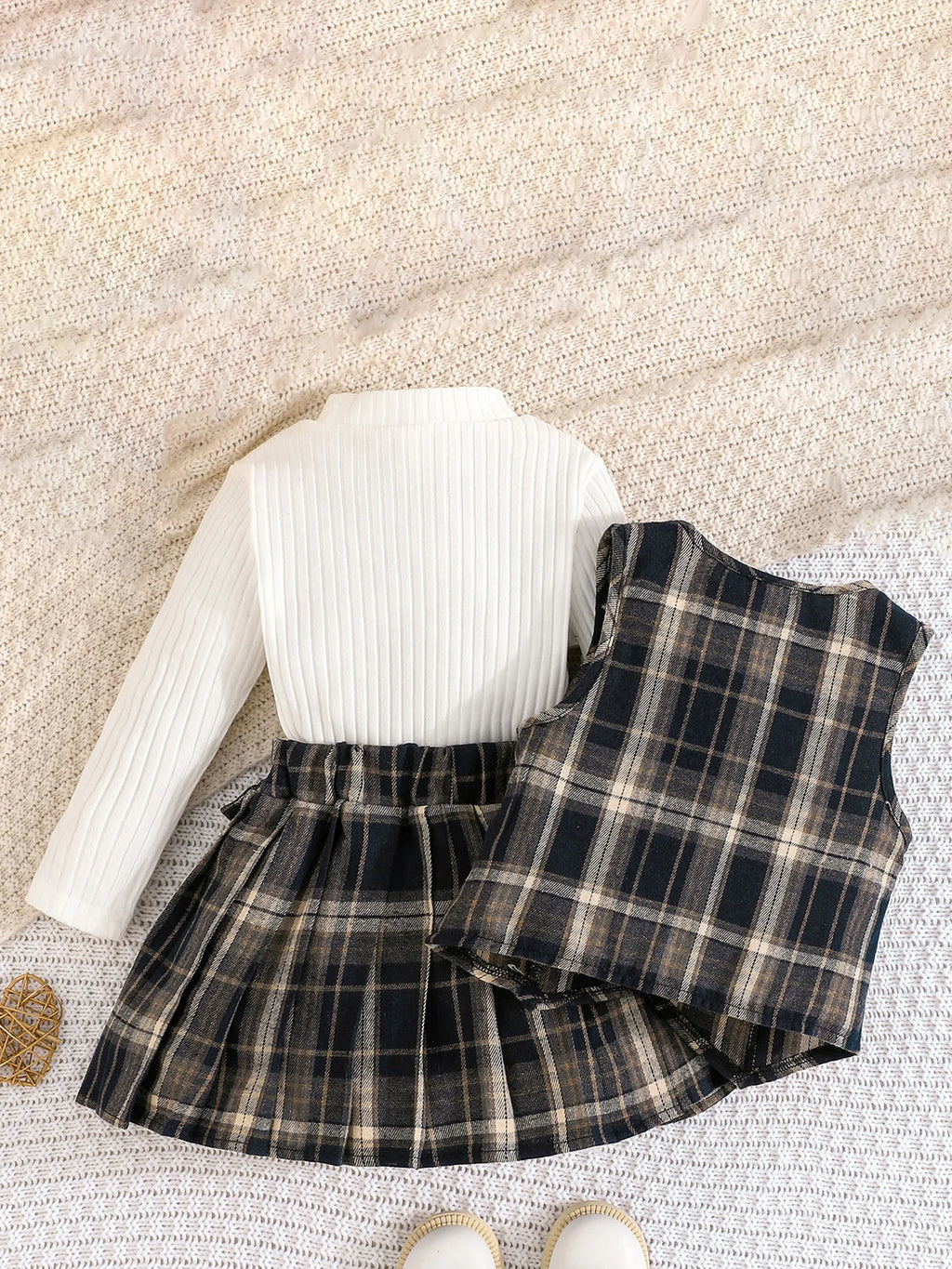 Stylish Toddler Girls 3-Piece Outfit featuring Ribbed Tops Plaid Skirt and Button Down Vest for a Fashionable Look