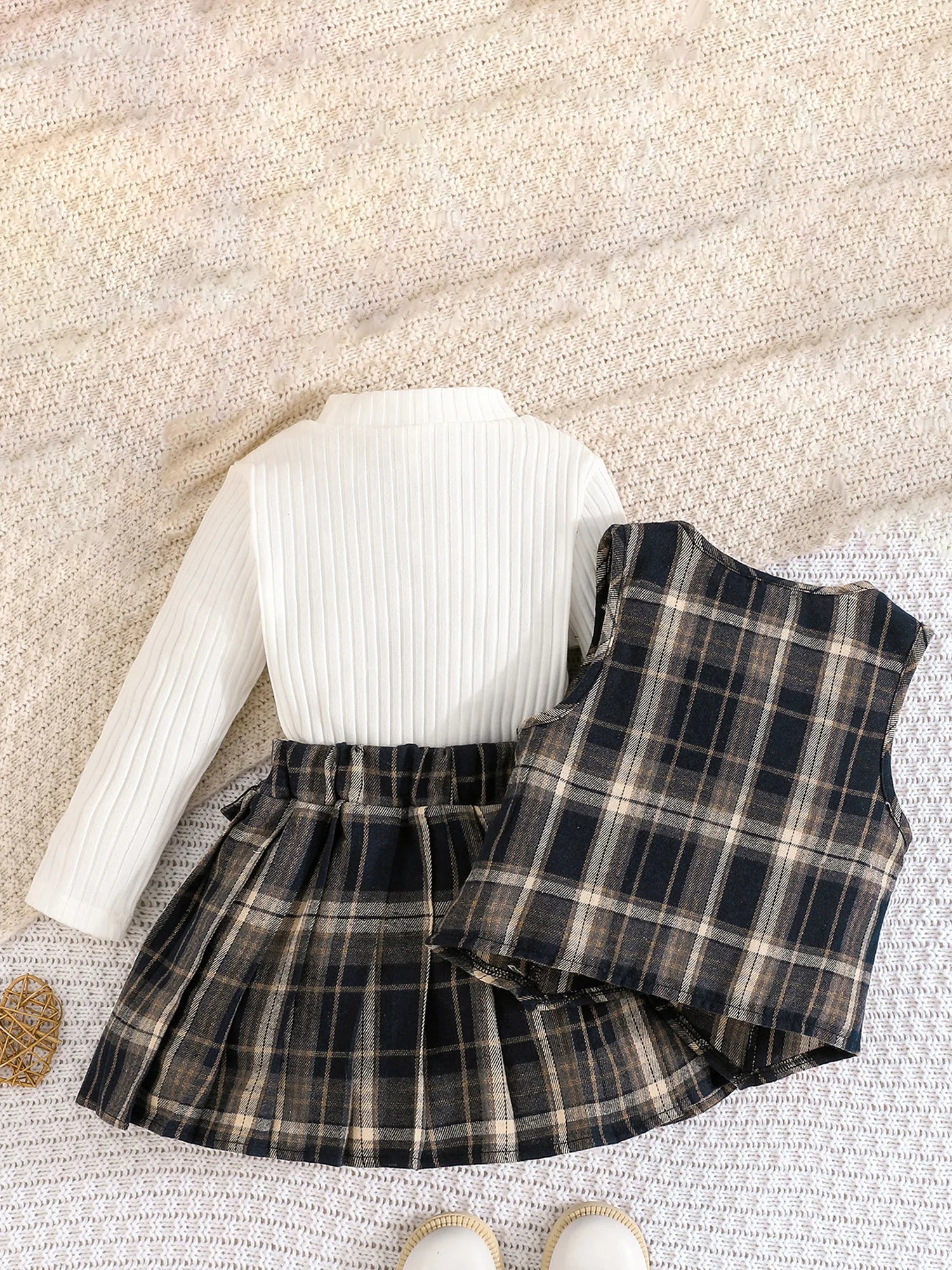 Stylish Toddler Girls 3-Piece Outfit featuring Ribbed Tops Plaid Skirt and Button Down Vest for a Fashionable Look