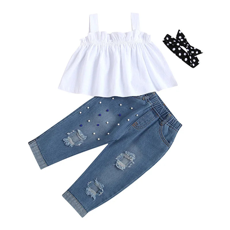 01-26  Girls Summer 2PCS Pants Sets White Sleeveless Cami Tops Blue Ripped Denim Pants Sets