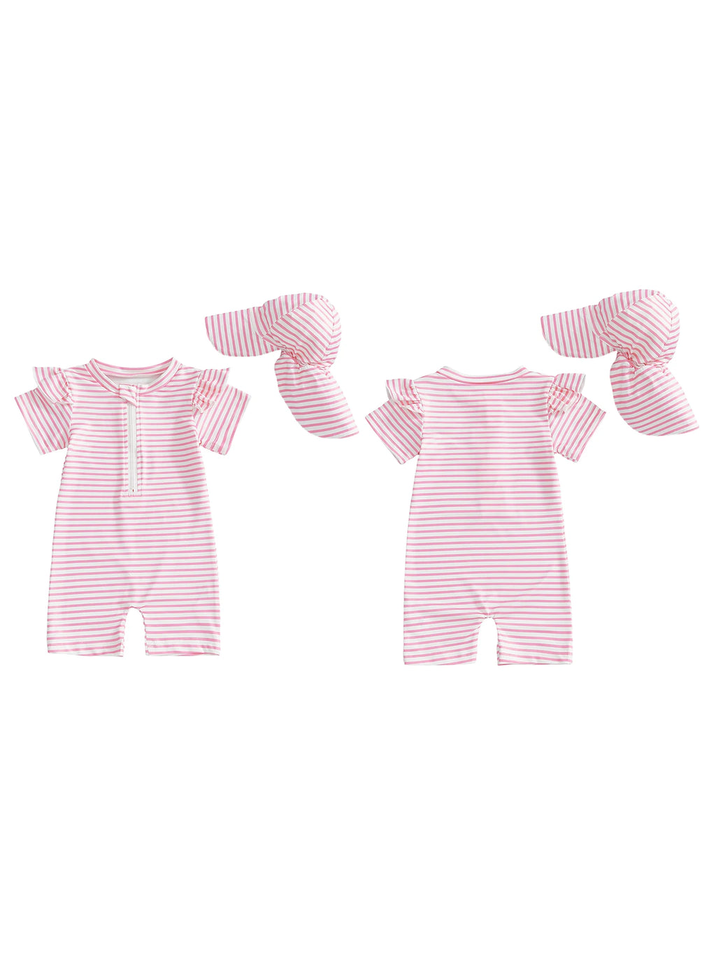 Adorable Infant Girls Bathing Suit with Matching Sun Hat 2 Piece Ensemble Featuring Striped Ruffles and Zip-Up Closure