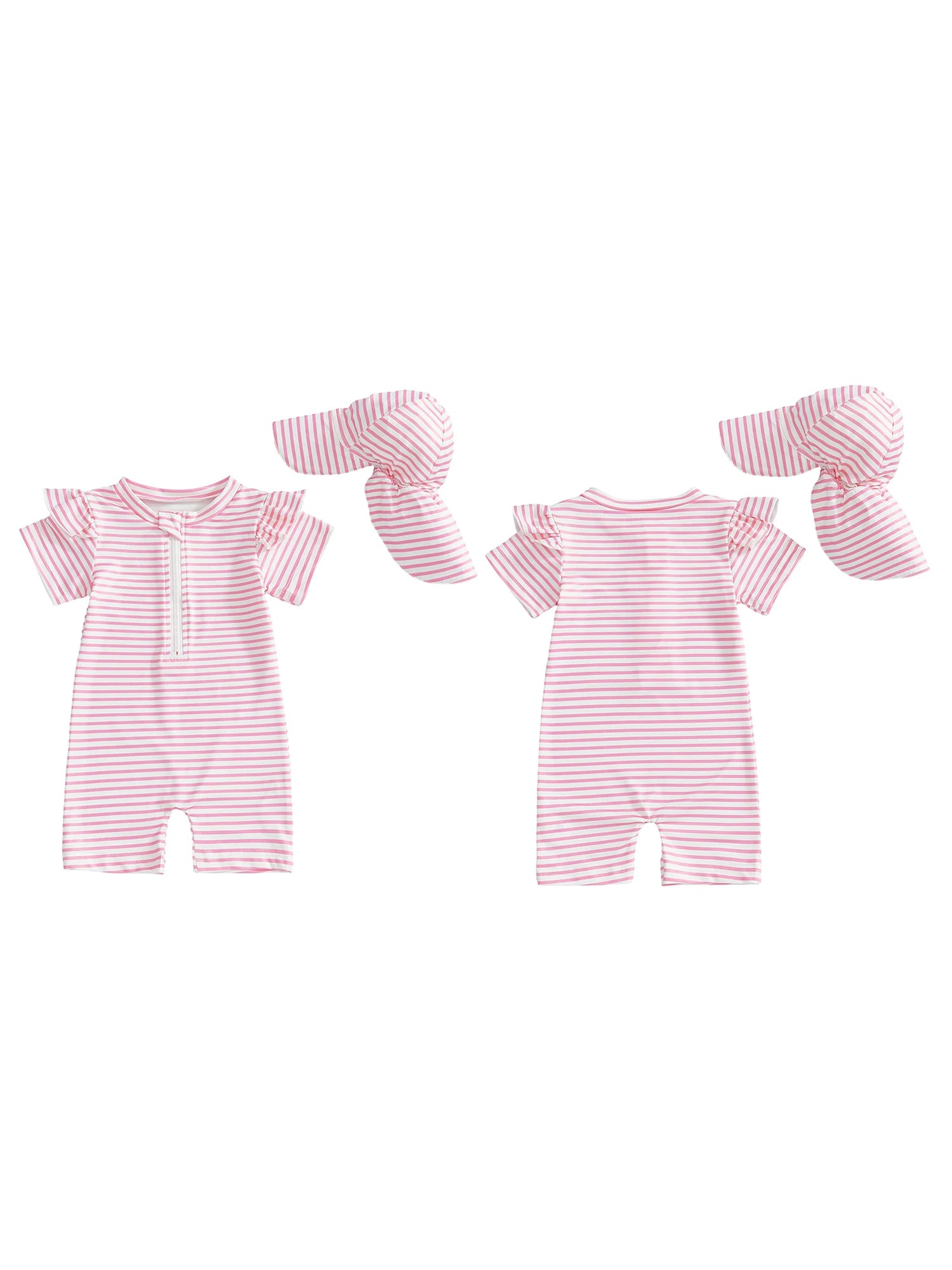 Adorable Infant Girls Bathing Suit with Matching Sun Hat 2 Piece Ensemble Featuring Striped Ruffles and Zip-Up Closure