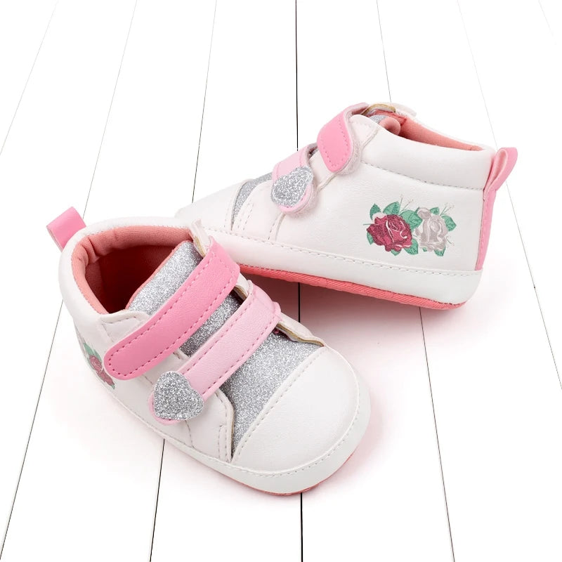 Adorable Baby Girl Shoes with Side Flower Print and Sparkle High Top Design Lightweight Soft Non-Slip PU Walking Shoes for