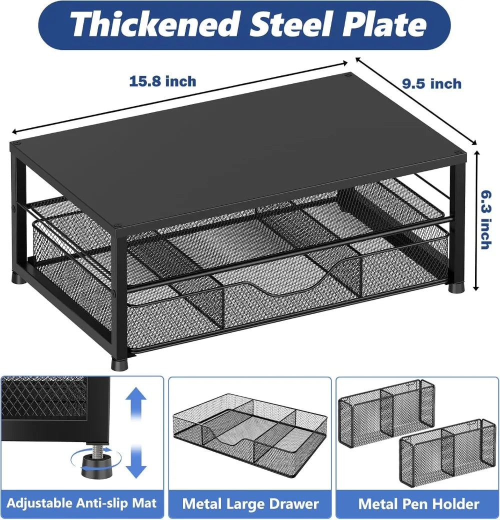 2-Tier Computer Monitor Stand Riser with Drawer and 2 Pen Holders, Laptop Stand, Office Desk Accessories, Black
