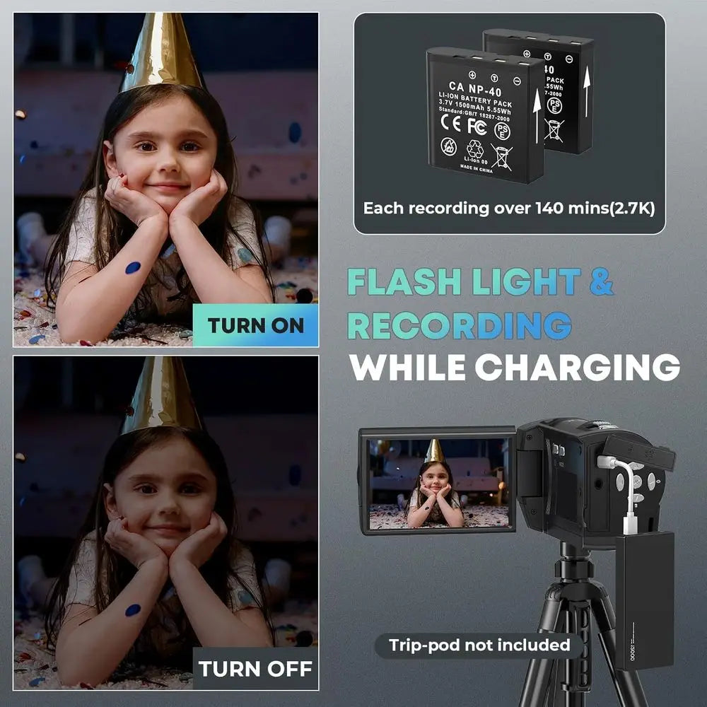 QHD 2.7K Video Camcorder with 56MP, 16X Zoom, 270° Rotation, 32GB SD Card, Dual Batteries, Recording While Charging