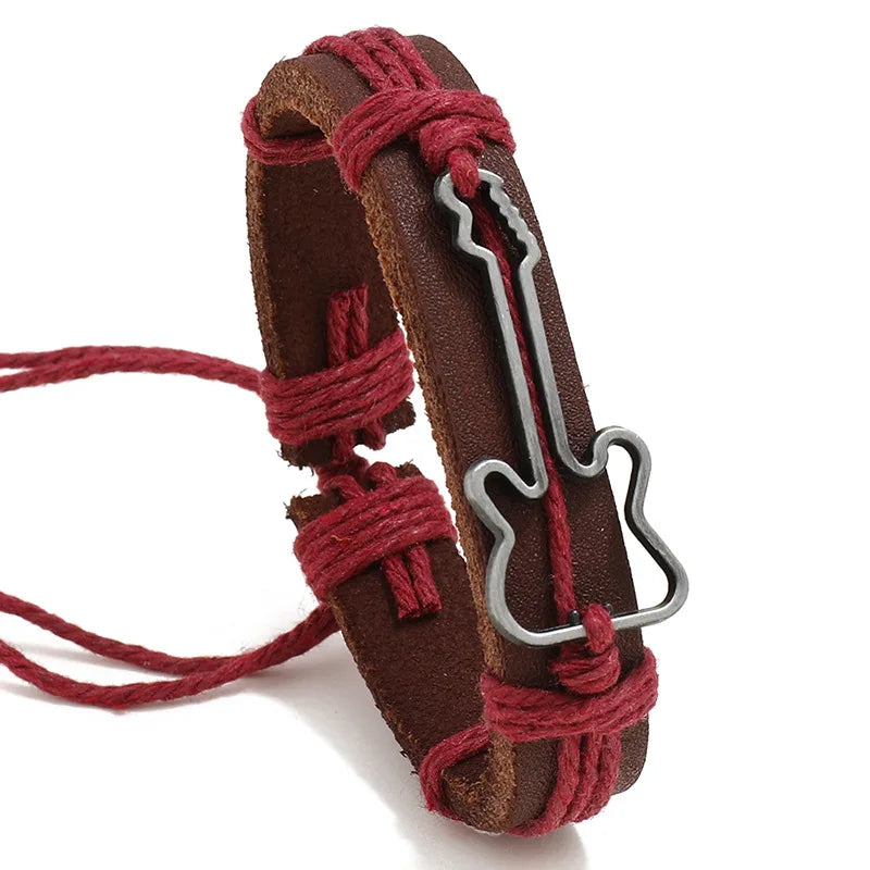 Cross-Border New Vintage Jewelry Music Festival Guitar Leather Bracelet Simple Hemp Rope Braided American Men's Bracelet