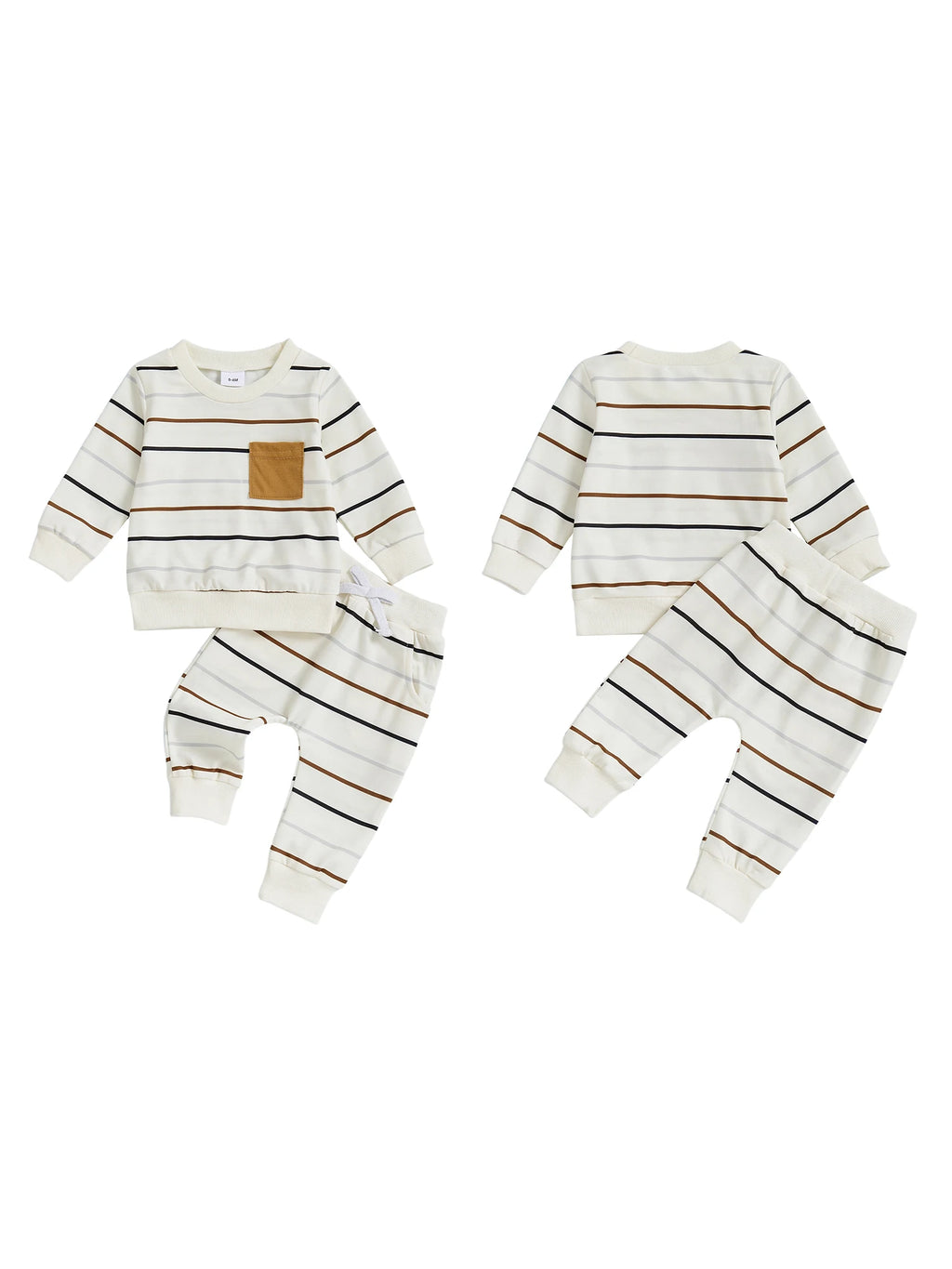 Boys Fall 2-Piece Outfit Long Sleeve Crew Neck Striped Shirt Elastic Waist Drawstring Pants Set for Autumn