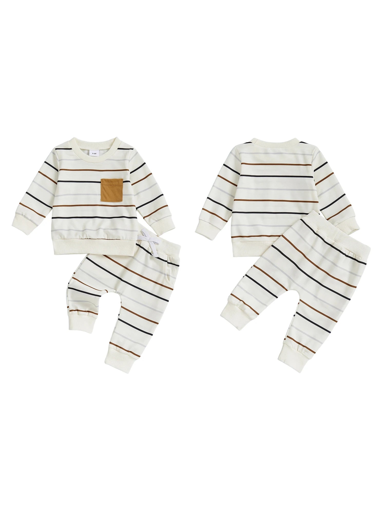 Boys Fall 2-Piece Outfit Long Sleeve Crew Neck Striped Shirt Elastic Waist Drawstring Pants Set for Autumn