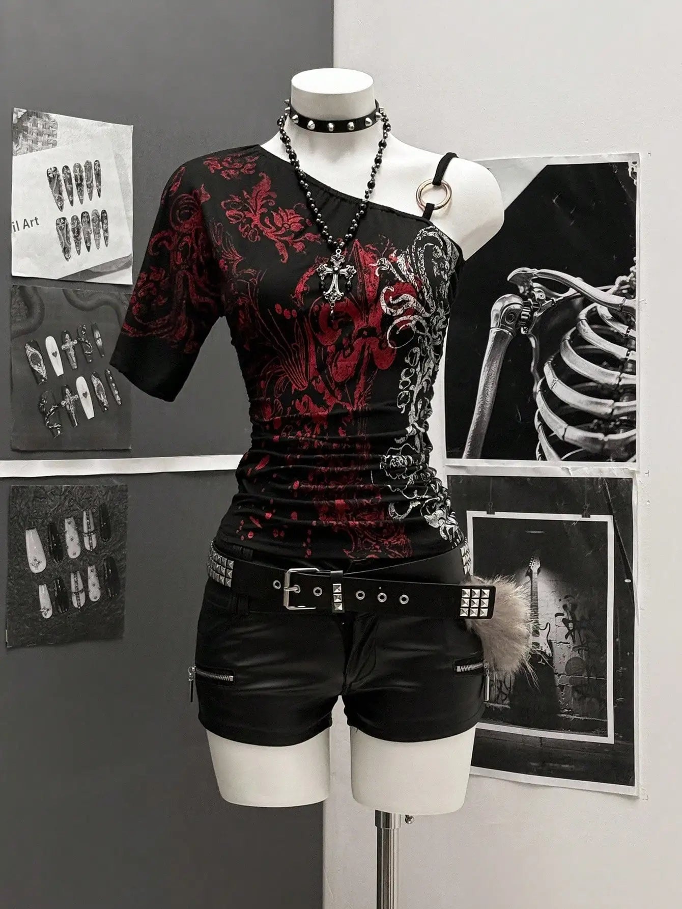 Purple Asymmetric Neck Graphic Tee with Ring Detail, Pleated Fit, Punk Streetwear Style