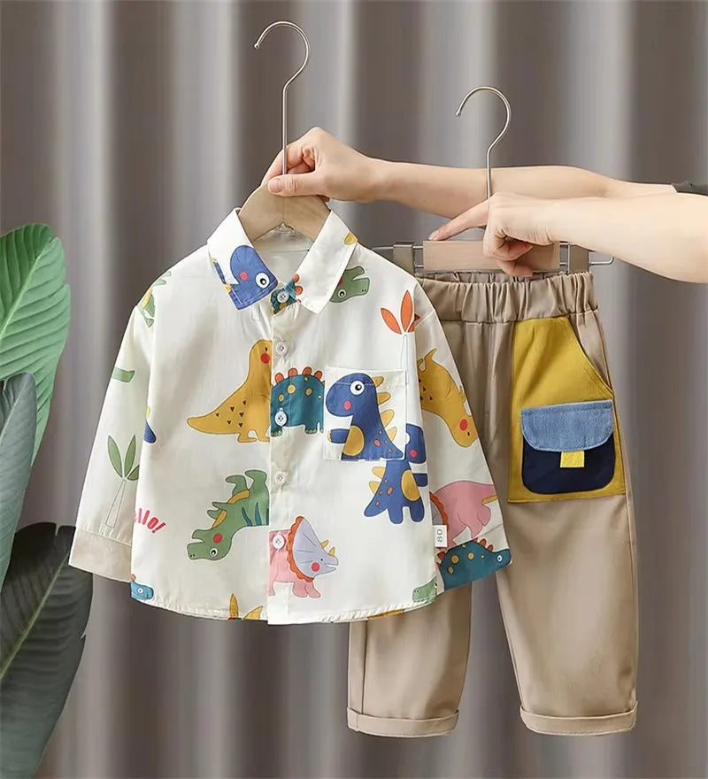 New spring  autumn boys fashion trend dinosaur Long Sleeve Shirt Boys' pants two piece se