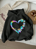 Black Loose Fit Hoodie with Iridescent Heart & Paw Print Graphic for Girls