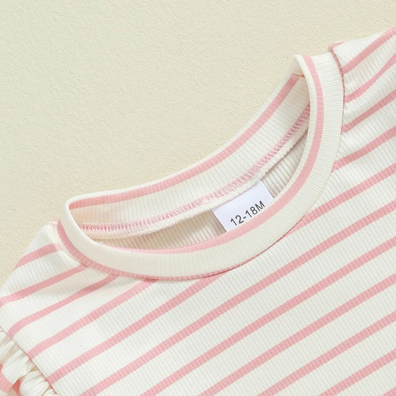 Toddler Girls Lacy Set Striped Long Sleeve Ruffled Tops Elastic Waist Drawstring Long Flare Pants Outfits