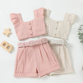 Toddler Girl Summer Outfits Stripe Print Flutter Sleeve Tank Tops + Belted Shorts 2Pcs Set